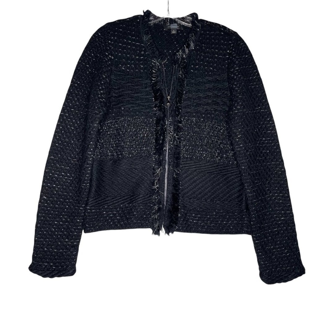 Ann Taylor Black Metallic Fringe Zip Front Knit Cardigan Sweater Jacket Small